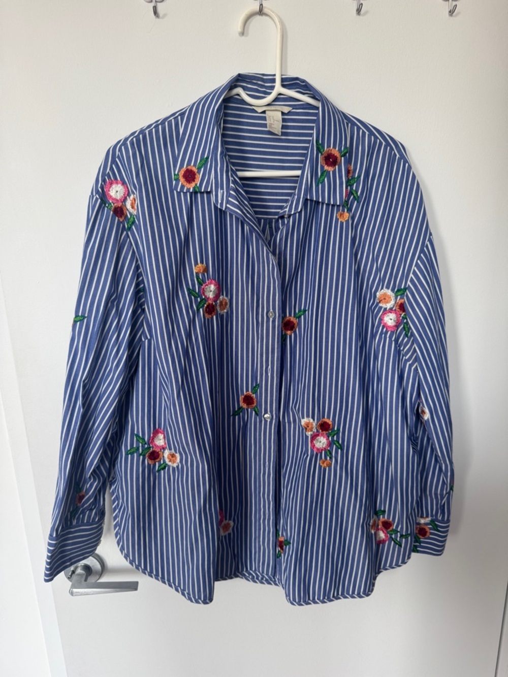 Women’s Pinstripe Embroidered Button-Up Shirt with flowers